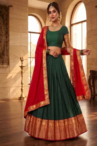 Traditional Deep Green Silk Lehenga Set with Contrast Red Dupatta and Ornate Gold Zari Border