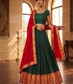 Traditional Deep Green Silk Lehenga Set with Contrast Red Dupatta and Ornate Gold Zari Border