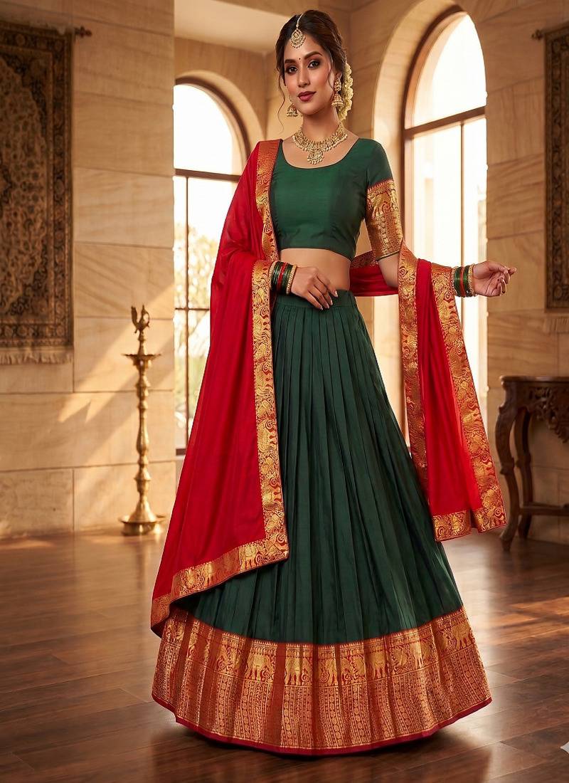Traditional Deep Green Silk Lehenga Set with Contrast Red Dupatta and Ornate Gold Zari Border