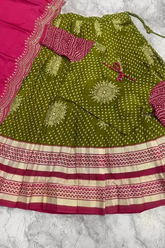 Festive Olive Green Pink Designer Lehenga Choli Scalloped Border Dupatta