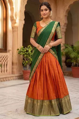 Vibrant Orange and Green Traditional Silk Lehenga Set with Intricate Zari Weaving
