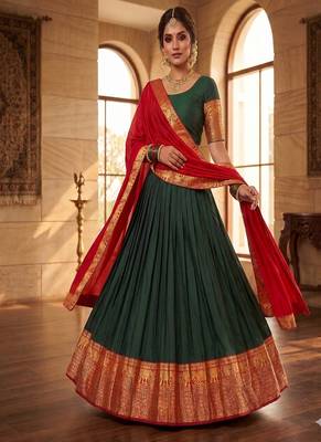 Deep Green silk blend Lehenga Set with Contrast Red Dupatta and Ornate Gold Zari Border 2