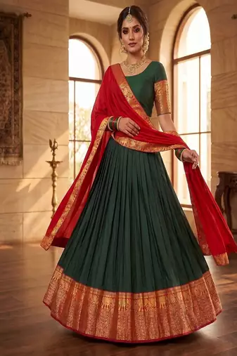 Traditional Deep Green Silk Lehenga Set with Contrast Red Dupatta and Ornate Gold Zari Border