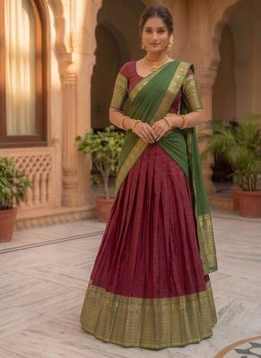  Wine and Bottle Green Traditional silk blend Lehenga Set with Rich Zari Border 1
