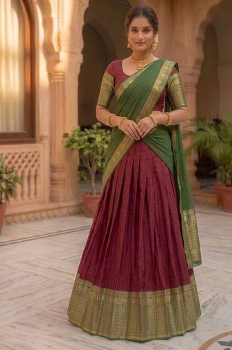 Elegant Wine and Bottle Green Traditional Silk Lehenga Set with Rich Zari Border