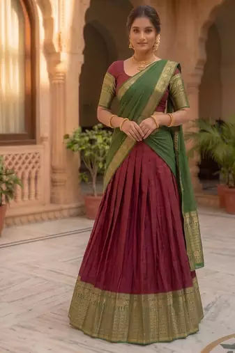 Elegant Wine and Bottle Green Traditional Silk Lehenga Set with Rich Zari Border