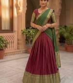 Elegant Wine and Bottle Green Traditional Silk Lehenga Set with Rich Zari Border