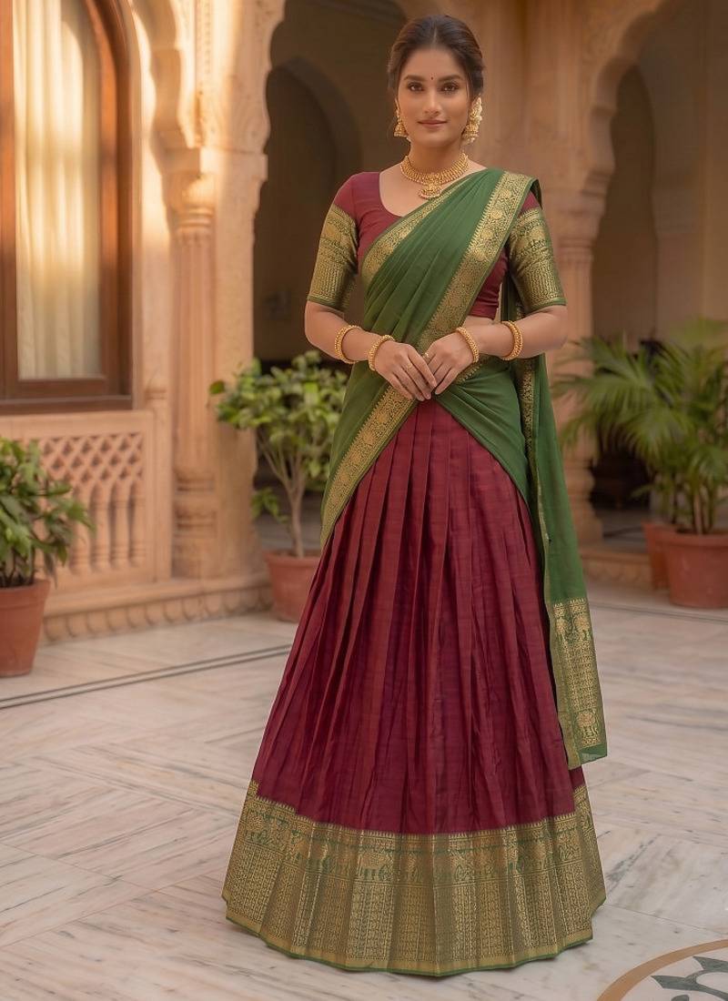 Elegant Wine and Bottle Green Traditional Silk Lehenga Set with Rich Zari Border