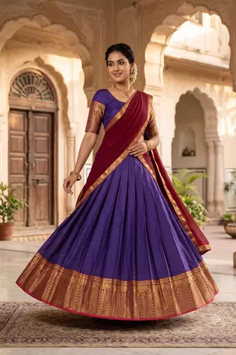 Royal Purple and Maroon Ethnic Silk Lehenga Set Featuring Traditional Gold Zari Detailing