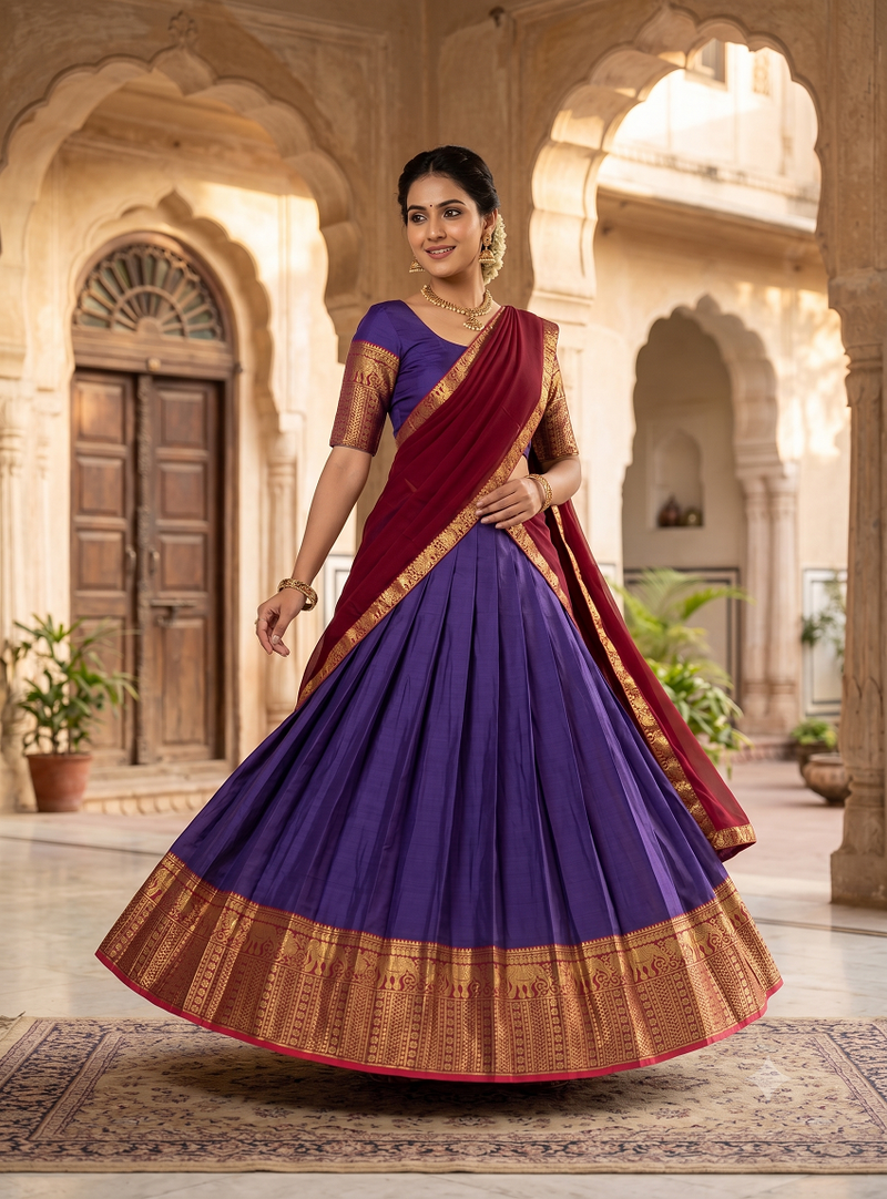 Royal Purple and Maroon Ethnic Silk Lehenga Set Featuring Traditional Gold Zari Detailing