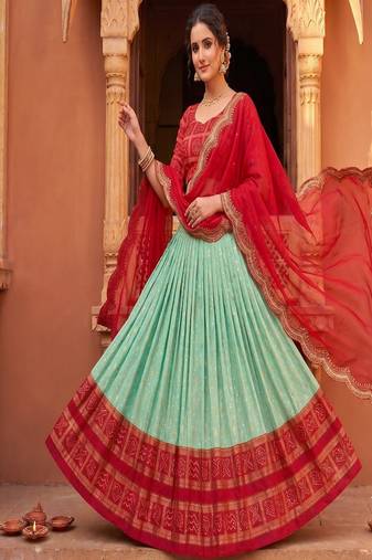 Ethnic Sky Blue Lehenga Choli with Scalloped Border Dupatta