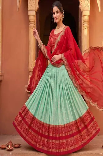 Ethnic Sky Blue Lehenga Choli with Scalloped Border Dupatta
