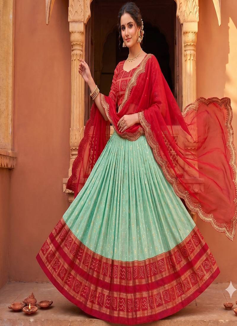 Ethnic Sky Blue Lehenga Choli with Scalloped Border Dupatta