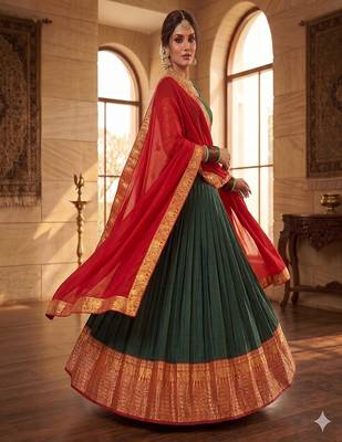 Deep Green silk blend Lehenga Set with Contrast Red Dupatta and Ornate Gold Zari Border 3