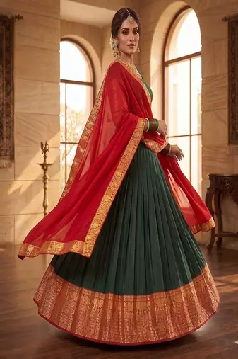 Traditional Deep Green Silk Lehenga Set with Contrast Red Dupatta and Ornate Gold Zari Border