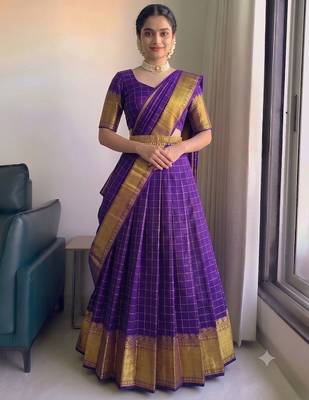 Royal Purple Checkered silk blend Lehenga Choli with Rich Gold Zari Border 1