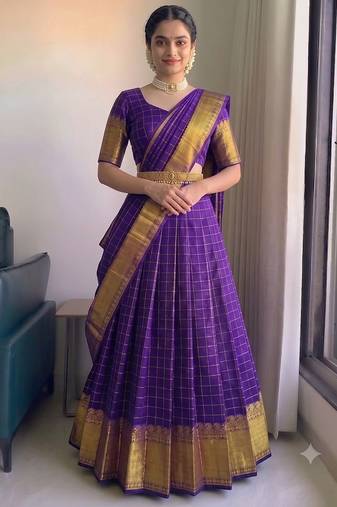 Royal Purple Checkered Silk Lehenga Choli with Rich Gold Zari Border