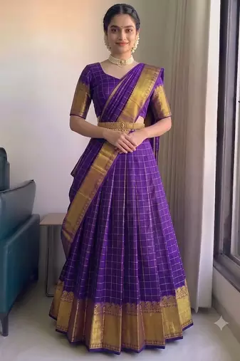 Royal Purple Checkered Silk Lehenga Choli with Rich Gold Zari Border