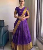 Royal Purple Checkered Silk Lehenga Choli with Rich Gold Zari Border