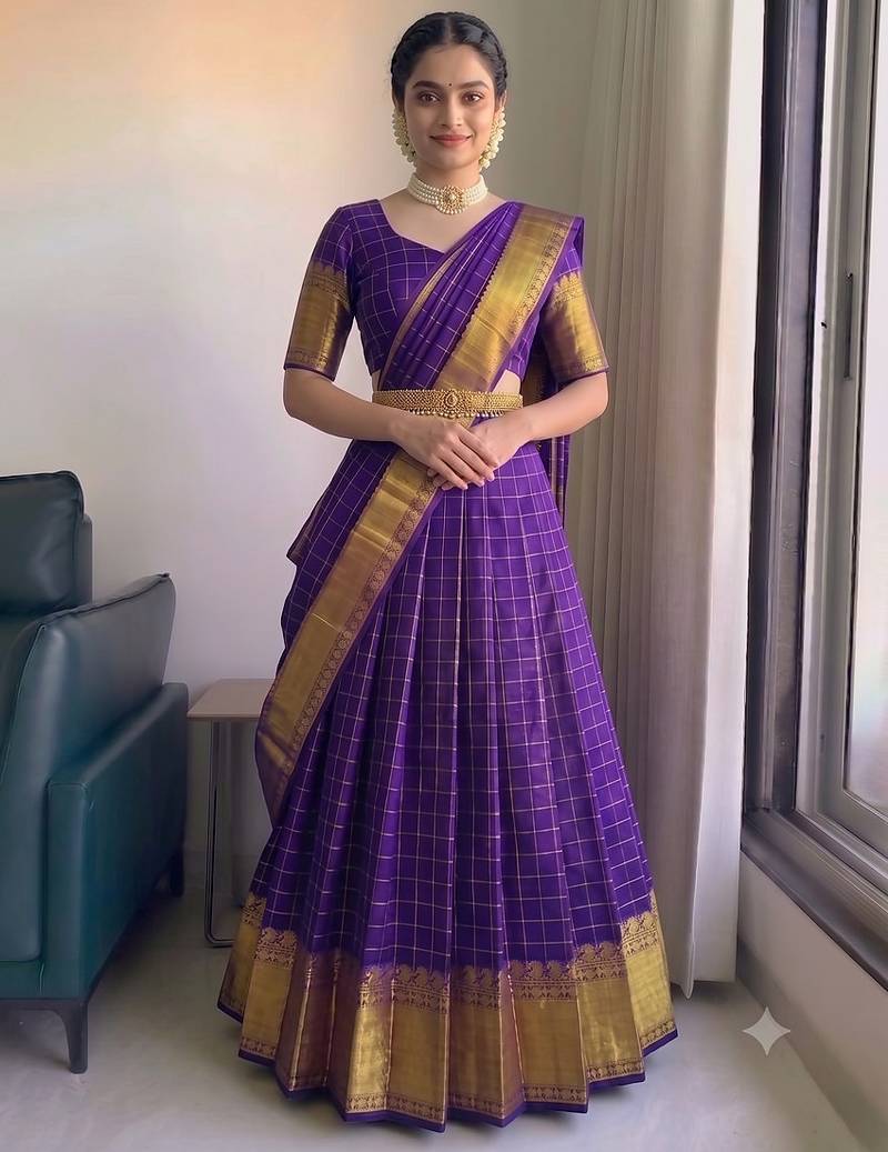 Royal Purple Checkered Silk Lehenga Choli with Rich Gold Zari Border