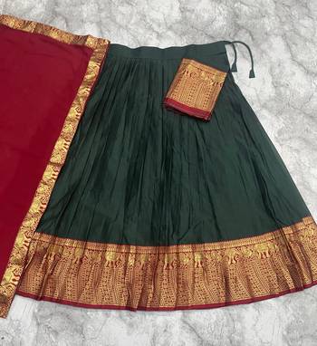 Deep Green silk blend Lehenga Set with Contrast Red Dupatta and Ornate Gold Zari Border 4