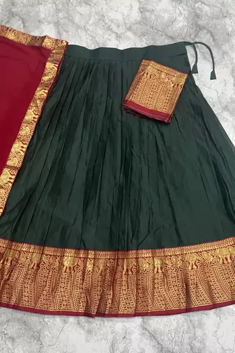 Traditional Deep Green Silk Lehenga Set with Contrast Red Dupatta and Ornate Gold Zari Border