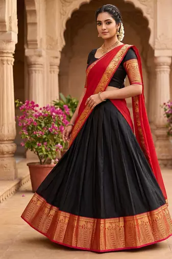 Classic Black and Red Ethnic Pattu Pavadai Inspired Silk Lehenga Set for Festive Occasions