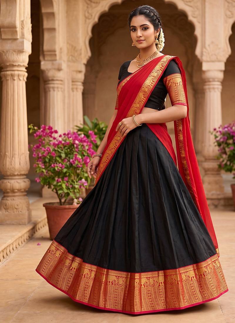 Classic Black and Red Ethnic Pattu Pavadai Inspired Silk Lehenga Set for Festive Occasions