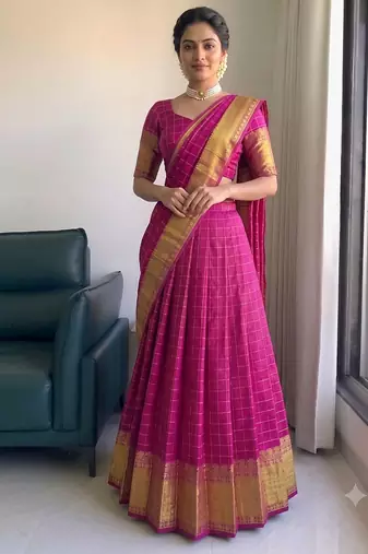 Festive Rani Pink Checkered Silk Lehenga Choli with Golden Zari Detail