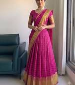 Festive Rani Pink Checkered Silk Lehenga Choli with Golden Zari Detail