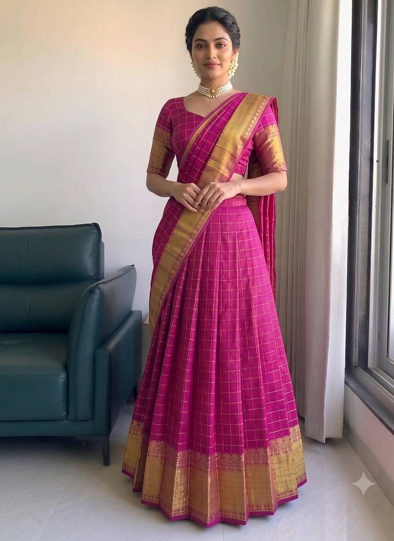 Festive Rani Pink Checkered Silk Lehenga Choli with Golden Zari Detail