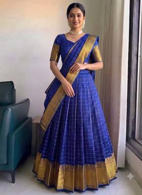 Vibrant Royal Blue Checkered silk blend Lehenga Choli with Antique Gold Border 1