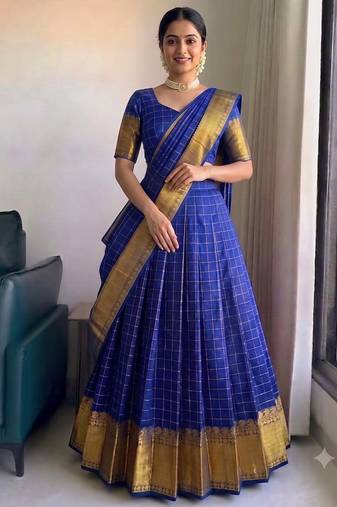 Vibrant Royal Blue Checkered Silk Lehenga Choli with Antique Gold Border