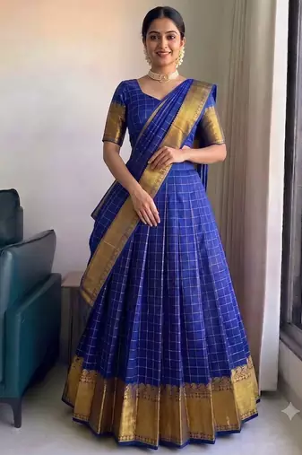 Vibrant Royal Blue Checkered Silk Lehenga Choli with Antique Gold Border