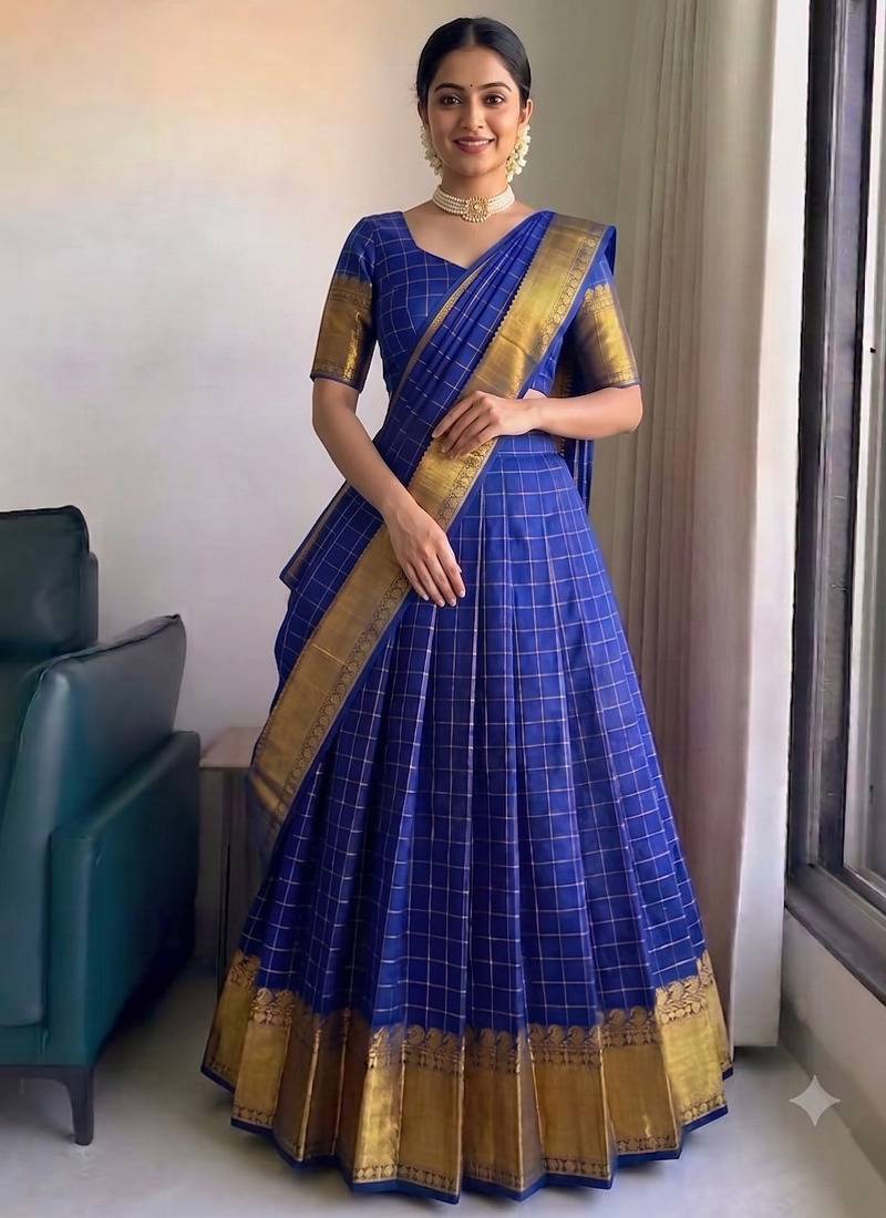 Vibrant Royal Blue Checkered Silk Lehenga Choli with Antique Gold Border