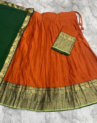 Vibrant Orange and Green Traditional silk blend Lehenga Set with Intricate Zari Weaving 4