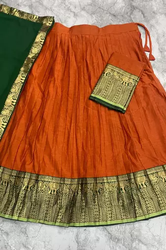 Vibrant Orange and Green Traditional Silk Lehenga Set with Intricate Zari Weaving