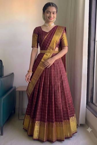 Classic Maroon Checkered Silk Lehenga Choli with Heavy Zari Border