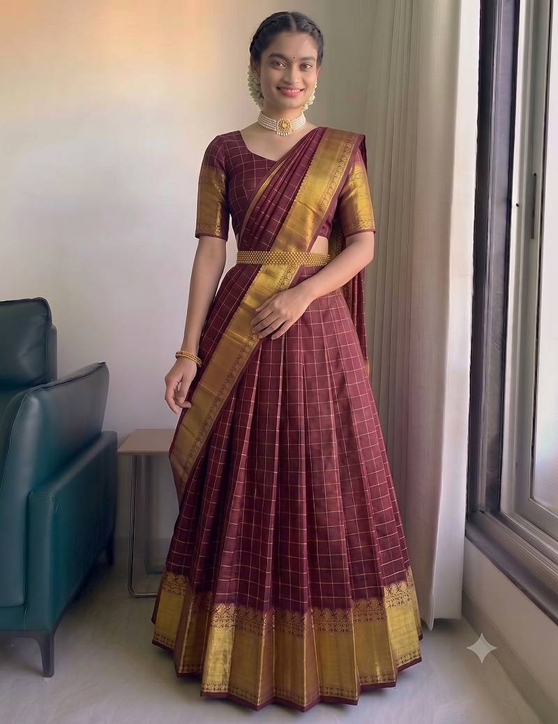 Classic Maroon Checkered Silk Lehenga Choli with Heavy Zari Border