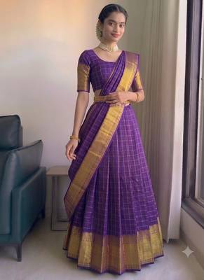 Royal Purple Checkered silk blend Lehenga Choli with Rich Gold Zari Border 2