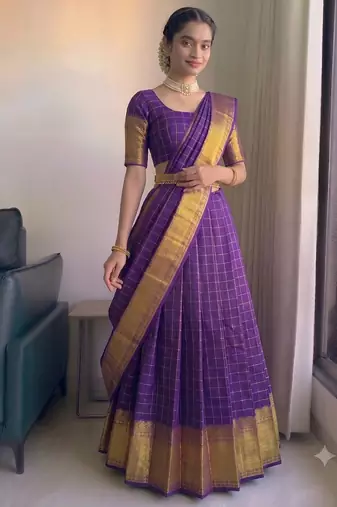 Royal Purple Checkered Silk Lehenga Choli with Rich Gold Zari Border