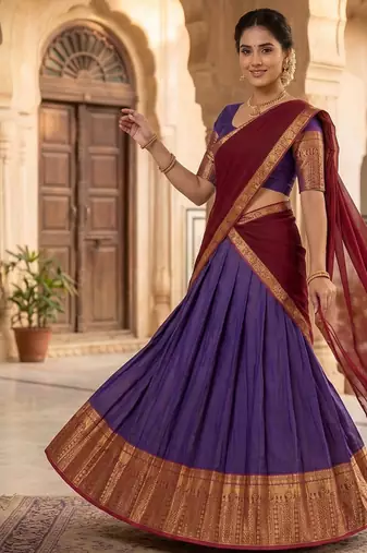 Royal Purple and Maroon Ethnic Silk Lehenga Set Featuring Traditional Gold Zari Detailing