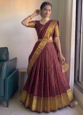 Classic Maroon Checkered silk blend Lehenga Choli with Heavy Zari Border 2
