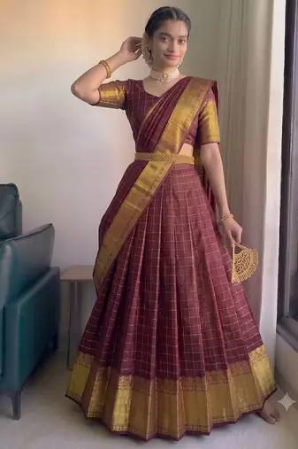 Classic Maroon Checkered Silk Lehenga Choli with Heavy Zari Border