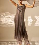 Charcoal grey embroidered organza striped kurta set