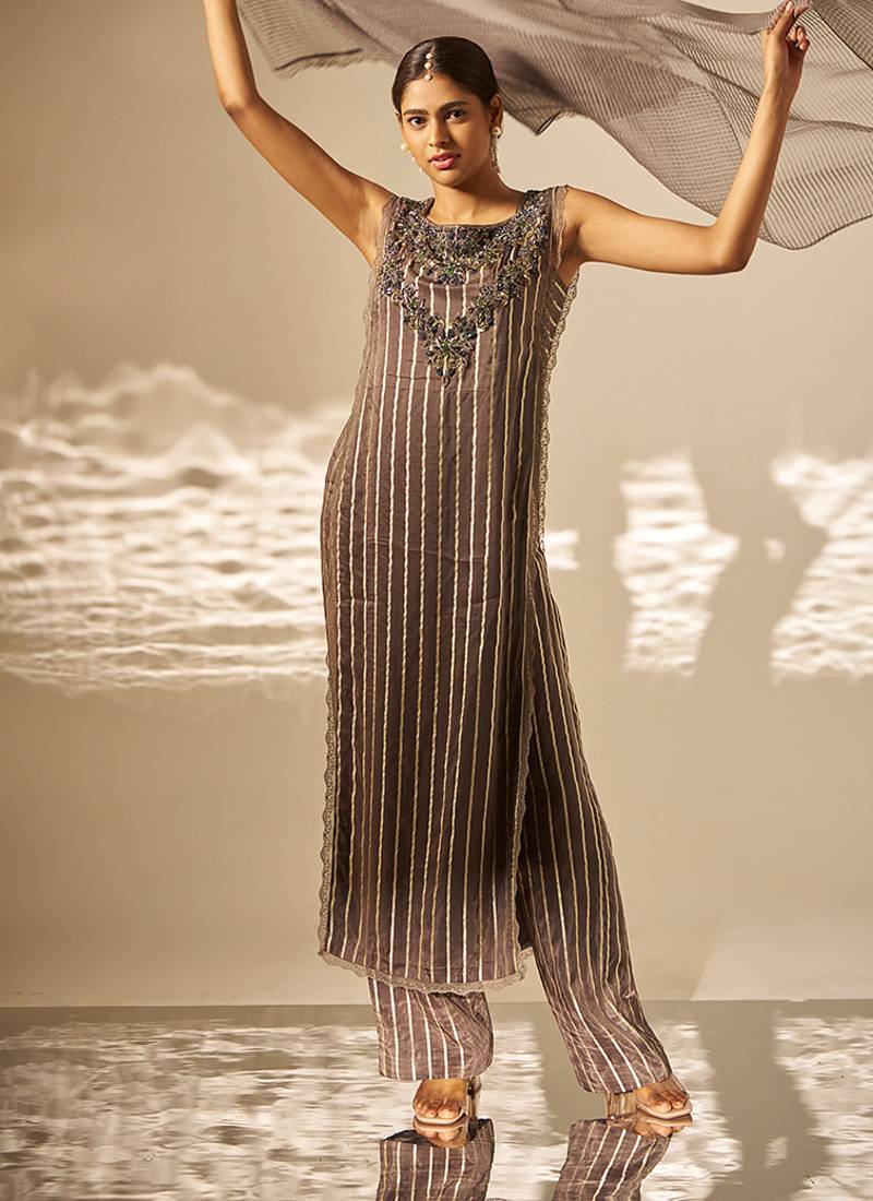 Charcoal grey embroidered organza striped kurta set