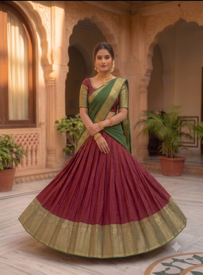  Wine and Bottle Green Traditional silk blend Lehenga Set with Rich Zari Border 3
