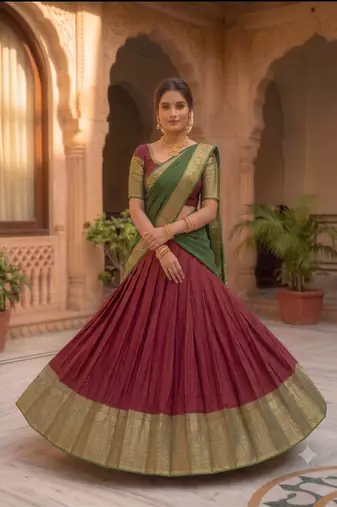  Wine and Bottle Green Traditional Silk Lehenga Set with Rich Zari Border