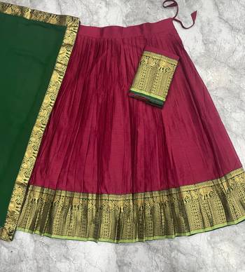  Wine and Bottle Green Traditional silk blend Lehenga Set with Rich Zari Border 4