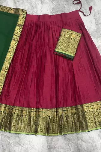  Wine and Bottle Green Traditional Silk Lehenga Set with Rich Zari Border